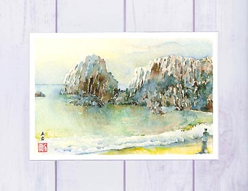 立岩 [ 丹後松島 ] ( 波 海を見つめる人 間人 京丹後 京都 水彩画 風景画 )★当店オリジナル★のサムネイル