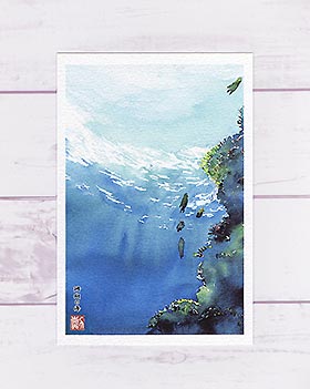 珊瑚の海 [ 沖縄 慶良間の海中2 ]　( ポストカード 絵葉書 絵はがき 生き物 沖縄 海の風景 ブルー 熱帯魚 ケラマ 水彩画 風景画 )