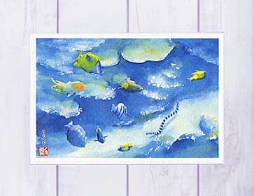 ウミヘビ ( 夏 海 海蛇 ケラマ トロピカル 珊瑚礁の海底 慶良間 沖縄 水彩画 風景画 )★当店オリジナル★