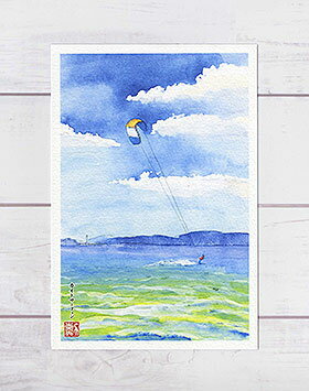 カイトサーフィン ( 夏 海 空 浜比嘉島 沖縄 水彩画 風景画 )★当店オリジナル★