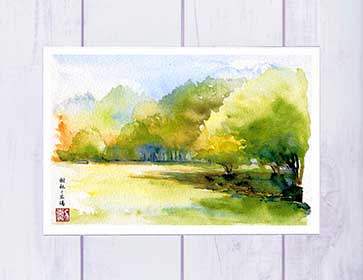 樹林と広場 ( 秋 初秋 広葉樹林 森 京都府立植物園 水彩画 風景画 ) ★当店オリジナル★