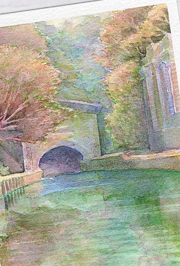 蹴上疏水( 秋の水辺 川面に移る木々建物 和風 水彩画 風景画 )★当店オリジナル★