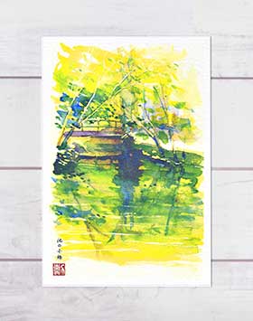 池の小橋 ( 秋 水辺 半木の池 参道の橋 北山 京都 水彩画 風景画 ) ★当店オリジナル★