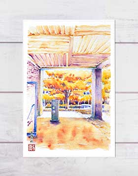 会館の秋 ( ケヤキ 秋 ロームシアター 旧京都会館 入口 ドア 扉 看板 ピロティ 水彩画 風景画 ) ★当店オリジナル★