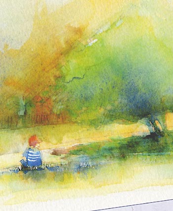 木陰と子供 ( 秋 木陰 広場 こども 男の子 京都府立植物園 水彩画 風景画 ) ★当店オリジナル★