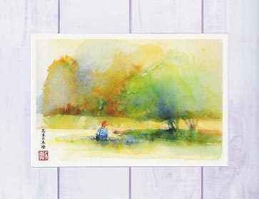 木陰と子供 ( 秋 木陰 広場 こども 男の子 京都府立植物園 水彩画 風景画 ) ★当店オリジナル★