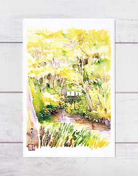 瀬見の小川 ( 秋 水辺 川 せせらぎ 糺の森 下鴨 京都 水彩画 風景画 ) ★当店オリジナル★