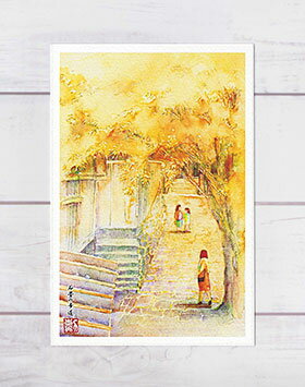 石畳の歩道 [ 近江八幡 ] ( 落葉 黄色 親子 滋賀 水彩画 風景画 ) ★当店オリジナル★