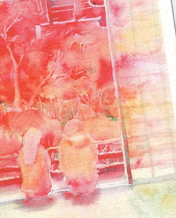 庭園の縁側 [ 京都の紅葉 ] ( 秋 もみじ 幻想的 庭園を眺める人 宝筺院 嵐山 嵯峨 京都 和風 水彩画 風景画 )★当店オリジナル★