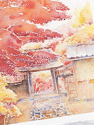 安楽寺1 [ 京都の紅葉 ] ( 秋 もみじ 茅葺き 山門 松虫鈴虫寺 和風 水彩画 風景画 )★当店オリジナル★