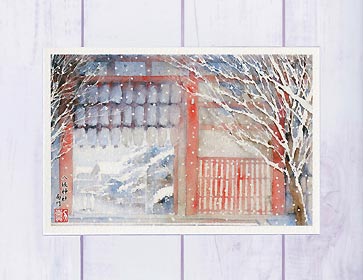 八坂神社 南門 [ 雪景色 ]( 冬 門前 静寂なる風景 神社仏閣 傘を差す参拝者 和風 京都 水彩画 風景画 )★当店オリジナル★のサムネイル