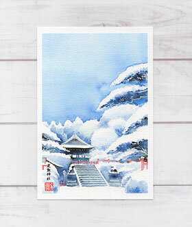 建勲神社 [ 雪景色 ] ( 冬 神社仏閣 境内 狛犬 和風 船岡山 京都 水彩画 風景画 )★当店オリジナル★のサムネイル