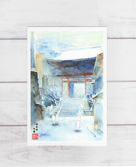 清水寺 門前 [ 雪景色 ]( 冬 和風 世界遺産 神社仏閣 山門 参拝客 狛犬 水彩画 風景画 )★当店オリジナル★