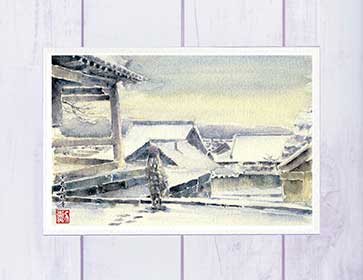 金戒光明寺 [ 雪景色 ]( 冬 神社仏閣 少女 鐘楼 モノトーン 和風 水彩画 風景画 )★当店オリジナル★