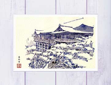 清水寺 雪景色 ( 冬 和風 世界遺産 神社仏閣 モノトーン 水彩画 風景画 )★当店オリジナル★