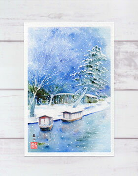 嵐山 [ 雪景色 ] ( 冬 屋形船 川面に映る景色 和風 水彩画 風景画 )★当店オリジナル★のサムネイル