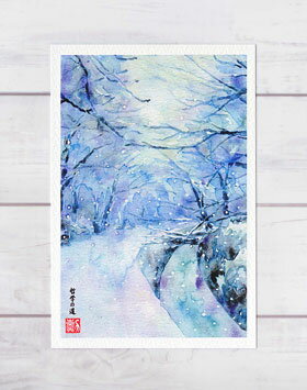 哲学の道  ( 冬 雪道 静寂なる景色 疎水 降雪 水彩画 風景画 )★当店オリジナル★