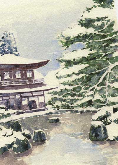 銀閣寺 [ 雪景色 ] ( 冬 慈照寺 観音殿 錦鏡池 世界遺産 神社仏閣 和風 水彩画 風景画 )★当店オリジナル★