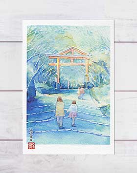山王鳥居 [ 日吉大社 ] ( 冬 雪景色 参道 鳥居 和風 神社仏閣 坂本 比叡山 滋賀 大津 水彩画 風景画 ) ★当店オリジナル★