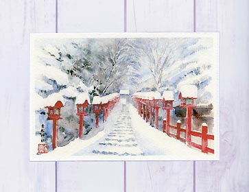 貴船神社 [ 雪景色 ] ( 冬 門前 静寂 灯篭 積雪 水神 本宮参道 階段 神社仏閣 和風 水彩画 風景画 )★当店オリジナル★【 デイリーランキング 10位入賞 】