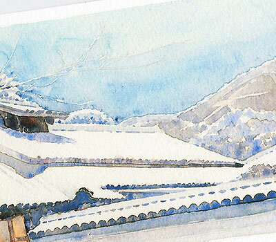 書院と大文字 [ 雪景色 ] ( 冬 屋根 瓦 大文字山 真如堂 真正極楽寺 書院 神社仏閣 和風 水彩画 風景画 )★当店オリジナル★
