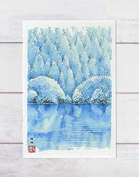 鏡湖 [ 雪景色 余呉湖 ] ( 冬 静寂 湖面 雪 鏡池 長浜 滋賀 水彩画 風景画 )★当店オリジナル★