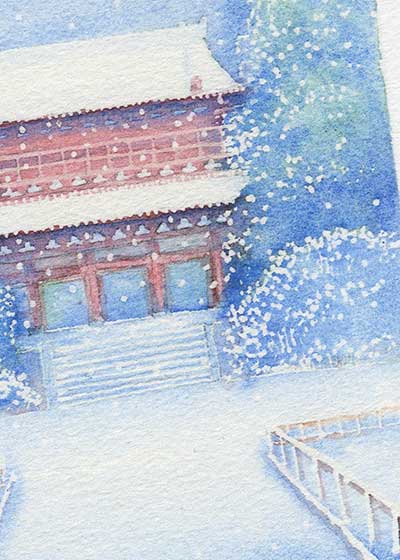 雪の三門 [ 妙心寺 ] ( 冬 雪景色 朱塗 門 寺院 京都 水彩画 風景画 )★当店オリジナル★