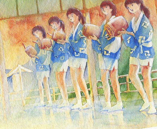子供太鼓 [ 舞踊奉納 京都六斎 ] ( 夏 祭 祇園祭 花笠巡行 子供たち 着物姿 太鼓 八坂神社 和風 京都 水彩画 風景画 ) ★当店オリジナル★