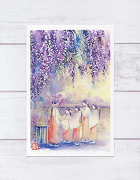 藤花祭 [ 春日神社 ] ( 春祭 フジ 子供 巫女 神事 西院 京都 水彩画 風景画 ) ★当店オリジナル★【 デイリーランキング 7位入賞 】