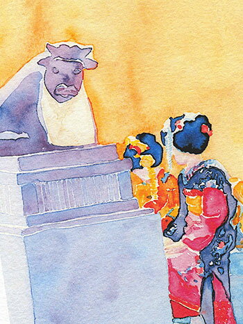 法輪寺 狛牛と振袖の子供 ( ポストカード 絵葉書 絵はがき 春祭 年賀状 年賀はがき かわいい 子供たち 着物姿 女の子 丑 牛 うし 狛犬 振袖 着物 神社仏閣 十三まいり 和風 嵐山 京都 水彩画 )格安セール 年賀状印刷 年賀状作成ソフト セール