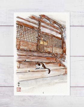 猫寺 [ 西陣 称念寺 本堂 ] ( 猫 ねこ 京都 神社仏閣 和風 水彩画 風景画 ) ★当店オリジナル★のサムネイル