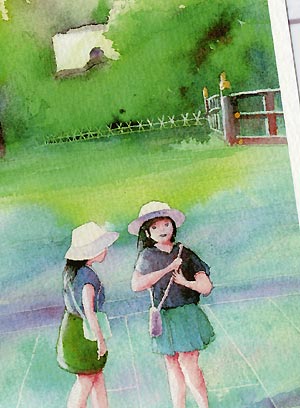 太鼓橋 [ 鎌倉 鶴岡八幡宮 ] ( 夏 緑 こども 子供 ふたりの女の子 神奈川 水彩画 風景画 ) ★当店オリジナル★