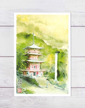 熊野那智大社 三重塔と那智の滝 ( ポストカード 絵葉書 絵はがき 社寺仏閣 世界遺産 幻想的 神仏 グリーン 熊野 神社 那智大社 和風 和歌山 水彩画 風景画 )