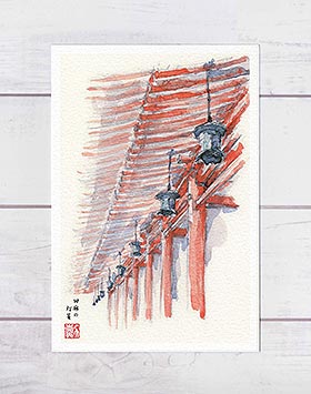 回廊の灯篭 [ 平安神宮 ] ( 神社仏閣 吊り灯篭 和風 京都 水彩画 風景画 )★当店オリジナル★