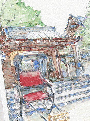 一輪車と表門 [ 宝筺院 ]( 和風 嵯峨 嵐山 京都 水彩画 風景画 )★当店オリジナル★