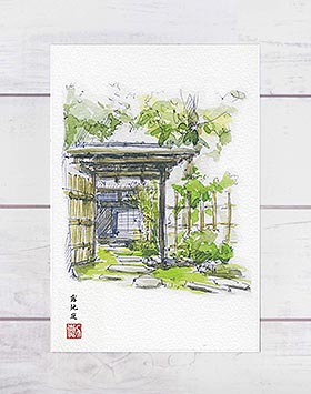 露地庭 [ 茶庭 中門 ]( 藪内 庭園 庭 茶道 茶庭 家元 京都 和風 水彩画 風景画 )★当店オリジナル★