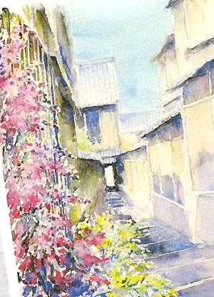 石塀小路1( 路地 石畳 八坂 水彩画 風景画 )★当店オリジナル★