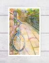 石塀小路 自転車　( ポストカード 絵葉書 絵はがき 町屋 路地 石畳 ノスタルジック 八坂 京都 水彩画 風景画 ) その1