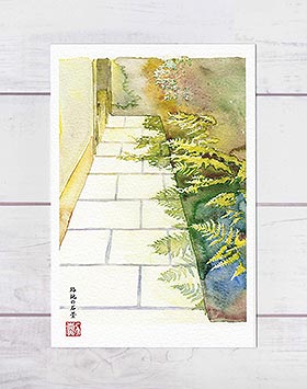 路地の石畳 [ 先斗町 ]( お茶屋 玄関 石畳 シダ植物 京都 水彩画 風景画 )★当店オリジナル★