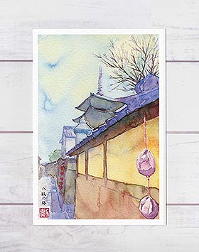 八坂の塔2( 町家の風景 八坂 軒下 みがわりさる くくり猿 路地 石畳 塔 京都 水彩画 風景画 )★当店オリジナル★