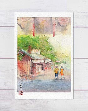 門前茶屋 [ あぶり餅 一文字屋 ]( 茶屋 神社 今宮神社 門前 参道ノスタルジック 水彩画 風景画 )★当店オリジナル★のサムネイル