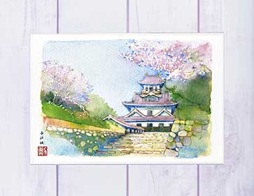 長浜城 ( 城 桜 長浜 滋賀 和風 水彩