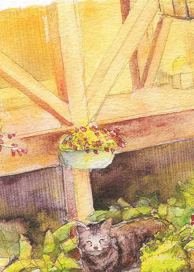 庭の猫 [ 多賀門前町 ]( ねこ ネコ 庭 縁側 デッキ かわいい 滋賀 水彩画 風景画 ) ★当店オリジナル★