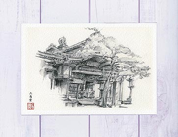 六角堂 [ 鉛筆画 ]( 頂法寺 90年代 モノクロ モノトーン 京都 和風 風景画 )★当店オリジナル★