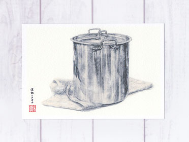 深鍋とタオル [ 鉛筆画 ]( 静物 デッ