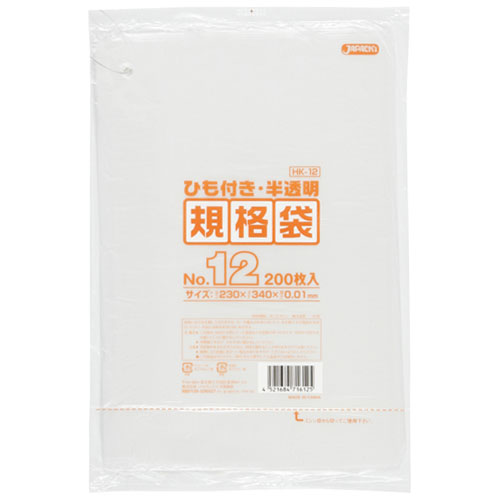 ●入り数：12000枚/ケース（※200枚/冊×10冊/箱×6箱）●サイズ（厚み×巾×高さ）：0.01×230×340mm●色：半透明●材質：HDPEジャパックス・JAPACK’S