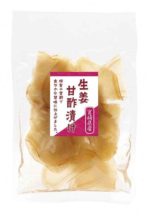 宮崎県産の生姜を薄くスライスし、特製の無添加甘酢で漬け込みました。調味料も国産の上質なものにこだわり、さっぱりとした酸味と甘さが楽しめる味に仕上がっています。