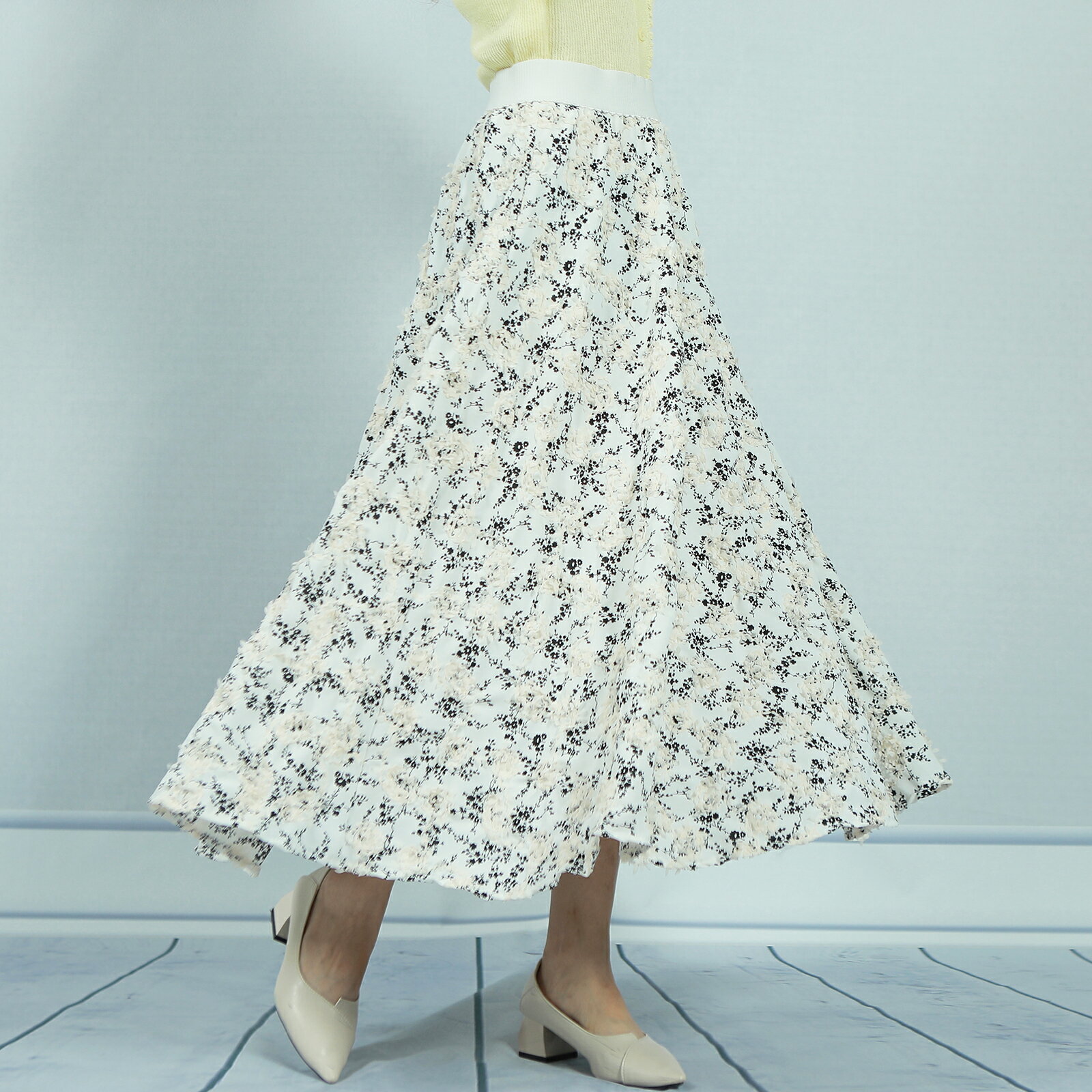 プリーツスカート ロングスカート 春 夏 フロッキー加工 フラワープリント レディース ボトムス スカート ウエストリブ 配色 秋 冬 上品 体型カバー おしゃれ かわいい