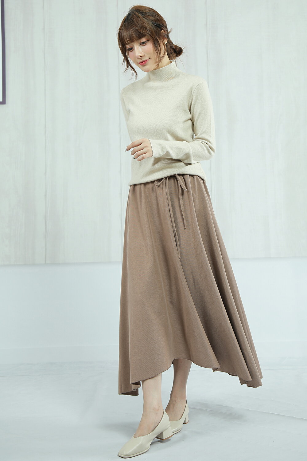 カットソースカート　マキシ丈　ロングスカート　大きいサイズ　ゆったりヒップ　フレアスカート　ニットスカー レディース　お洒落　エレガント 　ロング　リボン ウェストフリー ウェスゴム　スカート　ゆったりスカート厚手　初春秋冬　送料無料