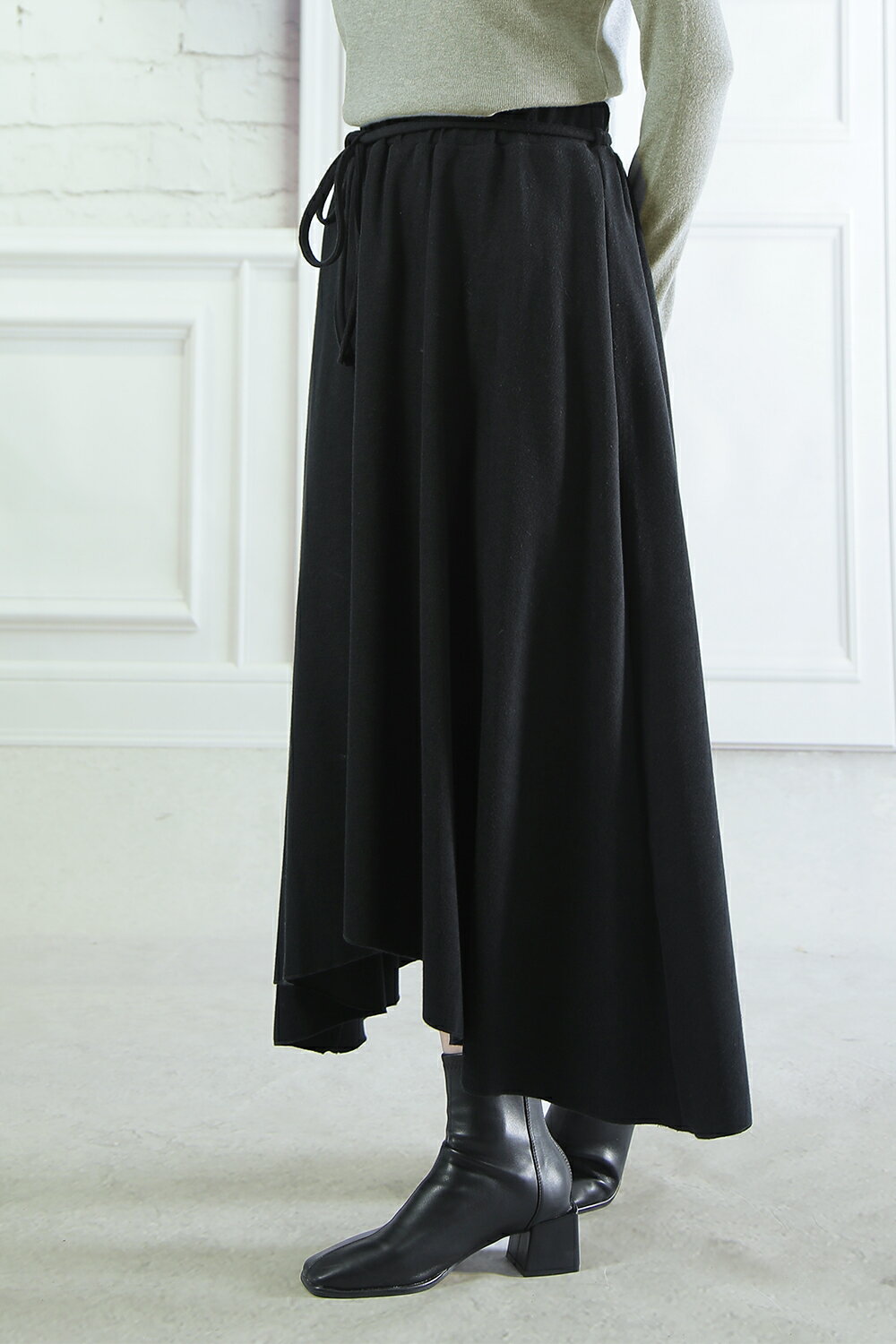 カットソースカート　マキシ丈　ロングスカート　大きいサイズ　ゆったりヒップ　フレアスカート　ニットスカー レディース　お洒落　エレガント 　ロング　リボン ウェストフリー ウェスゴム　スカート　ゆったりスカート厚手　初春秋冬　送料無料